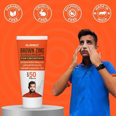 Elemnt Brown Zinc Sunscreen for Cricketers | SPF 50 Zinc Suncream, Broad Spectrum PA+++ with Aloe Vera | Formulated For Heavy Sun Exposure | Water Resistant Sunscreen for Cricketers & Sports | Men & Women - 25gm